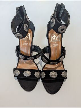 Dolce Vita Black Suede With Silver  Concho Studs Strappy Heel Sandal Womens 7.5